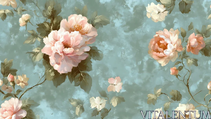 Pastel peony cluster on textured teal atmospheric ground.