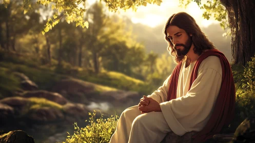 Serene robed figure prays quietly beneath a sunlit tree.