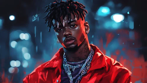 Male portrait in red jacket against blurred city lights.