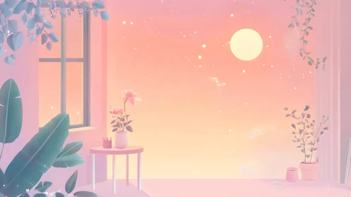 Pastel moonlight drifts through a dreamy indoor garden window