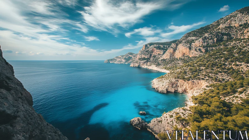 Turquoise coastal bay curves beneath rugged limestone cliffs