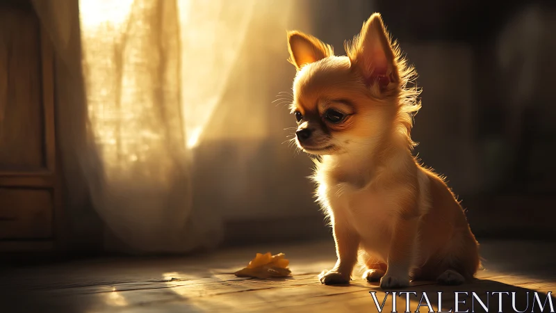 Tiny chihuahua puppy glows in warm golden window light.