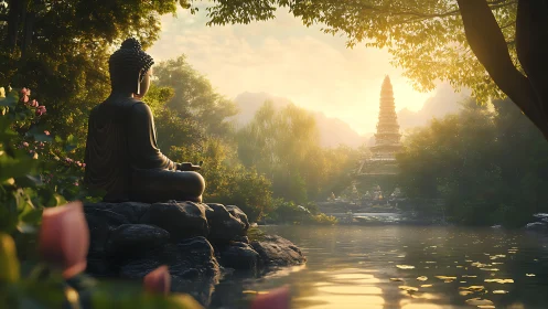 Seated Buddha statue faces distant pagoda across reflective water