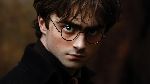 Intense young man in round glasses holds a steady gaze