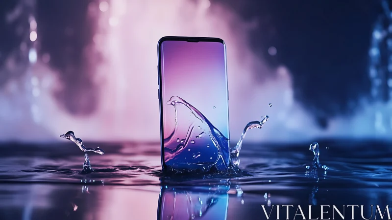 Waterproof smartphone stands in neon-lit splashing water pool.