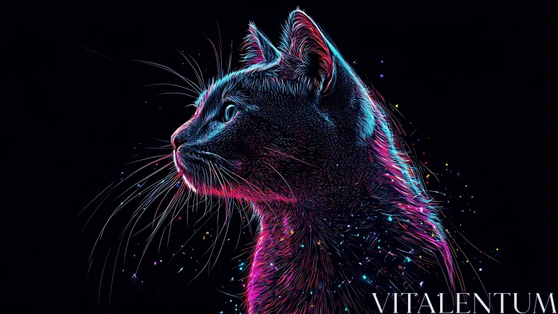Neon-outlined cat profile in luminous cosmic glow.
