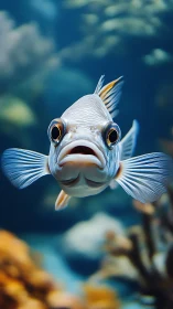 Front-facing tropical fish in shallow-depth underwater close-up capture