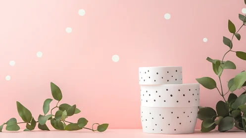 Polka dot storage boxes stack against pastel pink wall.