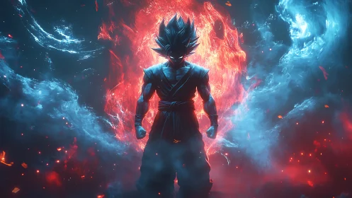 Fiery warrior stands poised between swirling flame and ice.