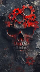 Mechanical crimson skull with fractured industrial gears.