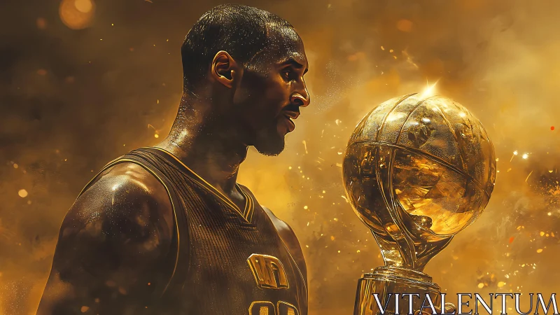 Golden-lit basketball champion gazes at gleaming trophy.