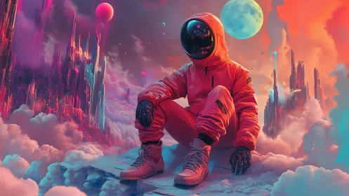 Solitary astronaut seated in neon surreal cloud cityscape.