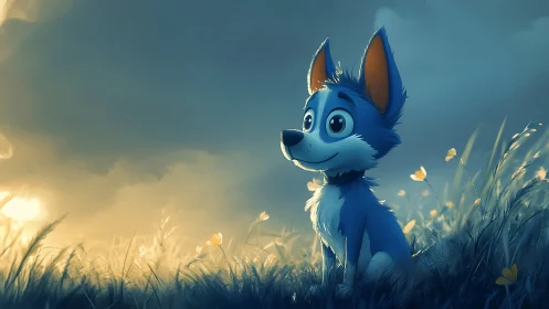 Blue cartoon puppy gazes at a glowing meadow sunset