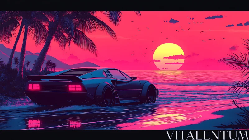Retro sports car under neon sunset at tropical shore.