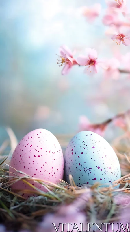 Speckled pastel eggs in nest with soft cherry blossoms.