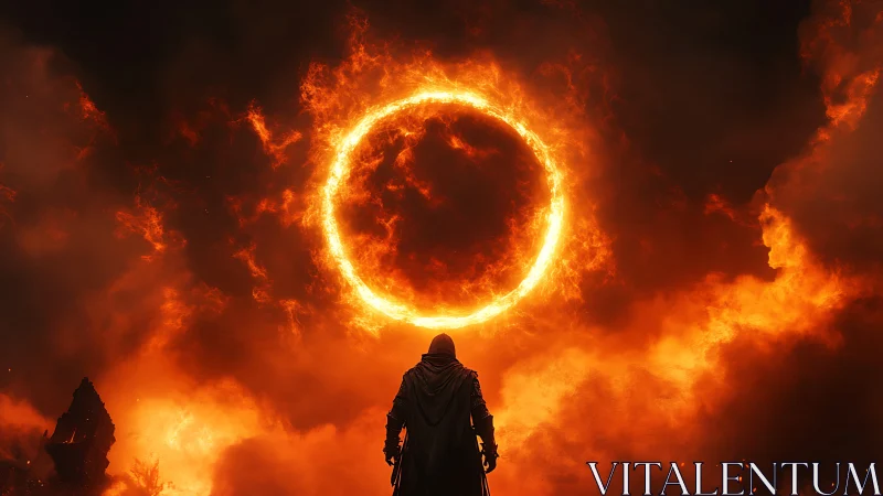 Solitary Figure Confronts Inferno Ring Through Apocalyptic Haze.