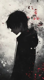 Solitary hooded figure in dark splatter silhouette profile.