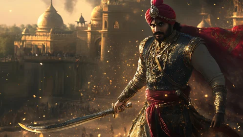 Armored Mughal warrior advancing before fortified palace complex.