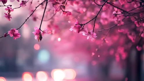 Pink Cherry Blossoms Hanging Branches with Bokeh Lights.