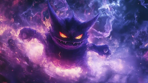 Ghostlike purple creature emerges within dense luminous mist