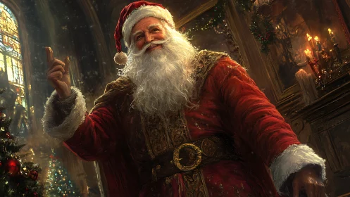 Warmly lit Santa Claus portrait in ornate Victorian interior