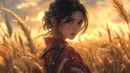 Sunlit wheat field portrait with radiant red kimono glow.