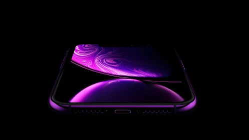 Modern smartphone with glowing purple screen in dark minimal style.