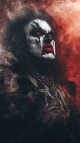 Corpse-painted metal vocalist in cinematic red fog portrait.