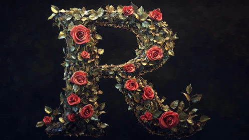 Romantic letter R gently wrapped in lush roses and leaves