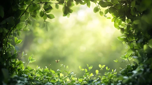 Sunlit Garden Frame with Green Foliage and Bokeh Light