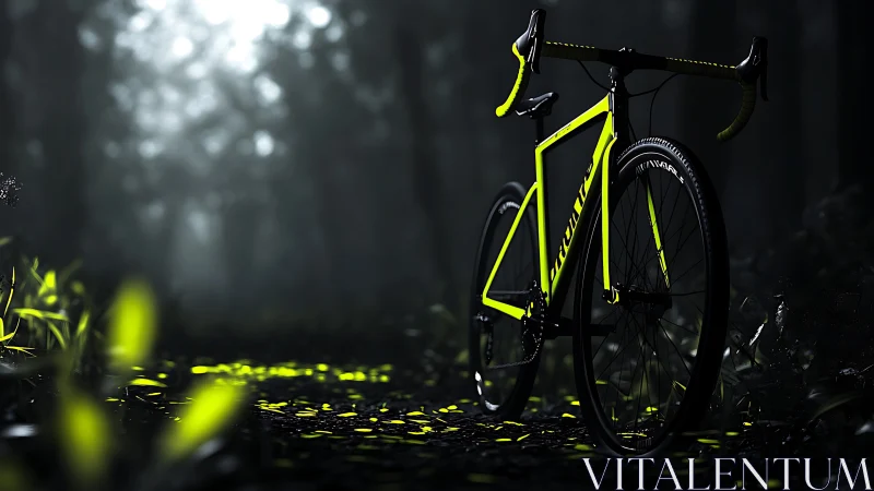 Neon Yellow Road Bike in Dark Forest Setting