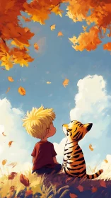 Boy and tiger gaze at drifting autumn leaves under sky.