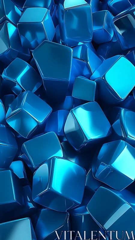 Chrome-blue candy cubes tumbling in a glossy geometric tide.