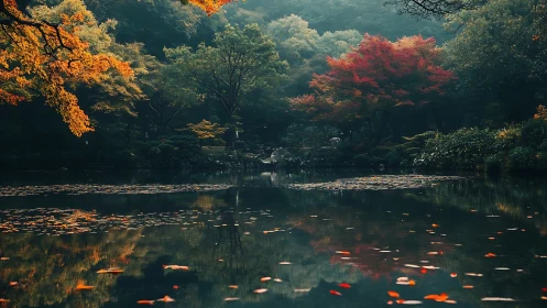Autumnal forest pond with mirrored foliage and diffused atmospheric haze