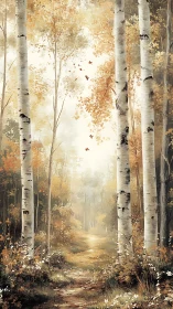 Autumn birch forest path rendered in soft atmospheric watercolor
