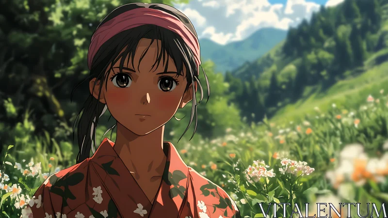 Anime girl in floral kimono stands in bright mountain meadow