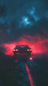 Retro car in neon fog on moody wet night road.