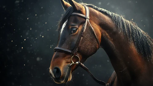 Bay horse in bridle under soft backlit falling dust.