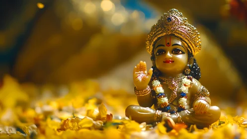 Golden deity figurine blesses amid warm flower petals