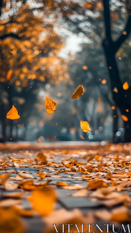Golden leaves dancing gently along a quiet autumn street.
