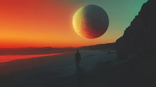 Solitary figure beneath colossal surreal twilight sphere.