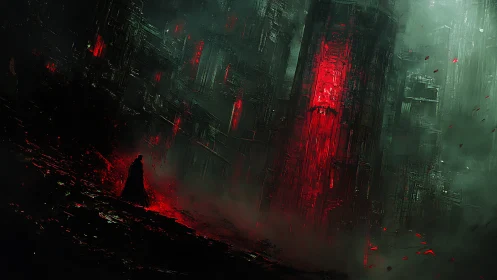 Crimson monolith hums while a lone wanderer measures its glow