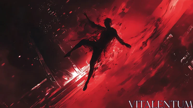 Crimson storm swallows the falling silhouette between worlds