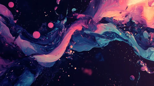 Neon fluid paint streams twist across a dark cosmic field