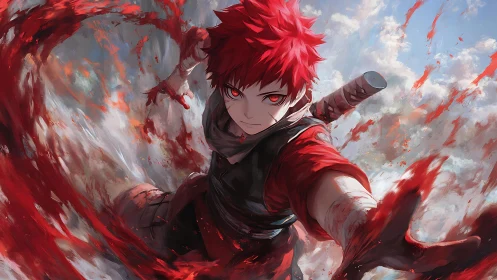 Scarlet-haired anime warrior unleashing swirling blood power.