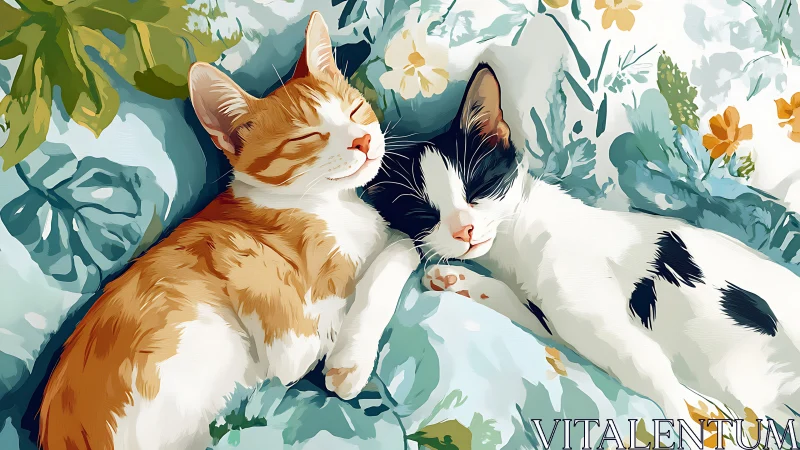 Two Cozy Cats Basking on a Floral Garden Bed.