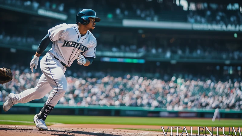 Baseball player running from batter’s box during live game.