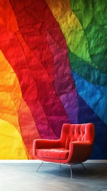 Red lounge chair against vivid textured rainbow wall.