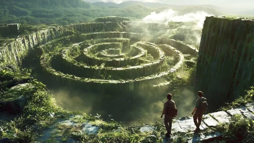 Two wanderers greet a mist-drenched jungle stone labyrinth