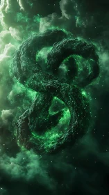 Emerald storm serpent twisting through glowing cosmic clouds.